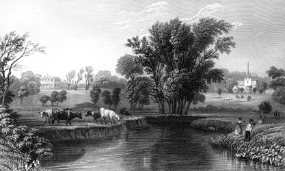 1832年にウィリアムウォリスによって刻まれたエスティスのホールと教会